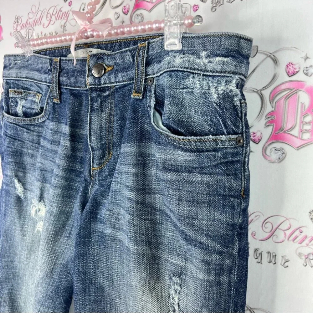 Joe's Jeans Ex Lover Classic Blue Denim shorts distressed rips long logo